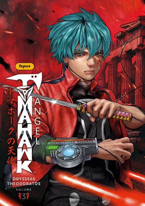 „Tomahawk Angel“ steht vertikal, darunter „Odysseas Theodoratos“. Illustration eines Jugendlichen mit Schwert und türkisfarbenem Haar.
