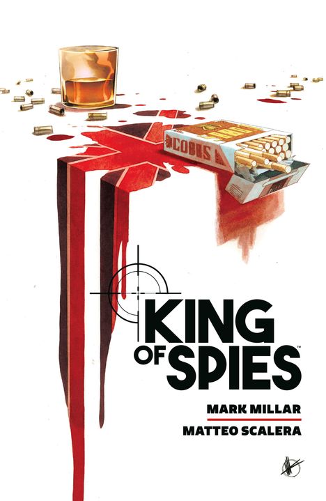 "King of Spies" in schwarzem Text. Whiskyglas, Zigaretten, Patronenhülsen und britische Flagge in Rot als Blutfleck dargestellt.