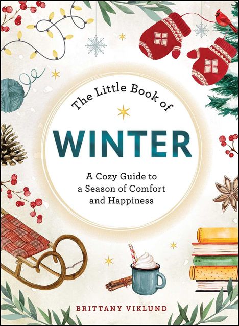 "The Little Book of Winter" steht in der Mitte, umgeben von winterlichen Illustrationen wie Handschuhen und Tannenzweigen.