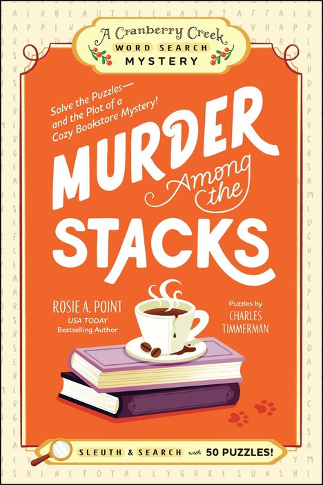 „Murder Among the Stacks“: Orange Hintergrund, Buchstapel, Kaffeetasse, Mystery-Elemente, Cranberry Creek Logo oben.