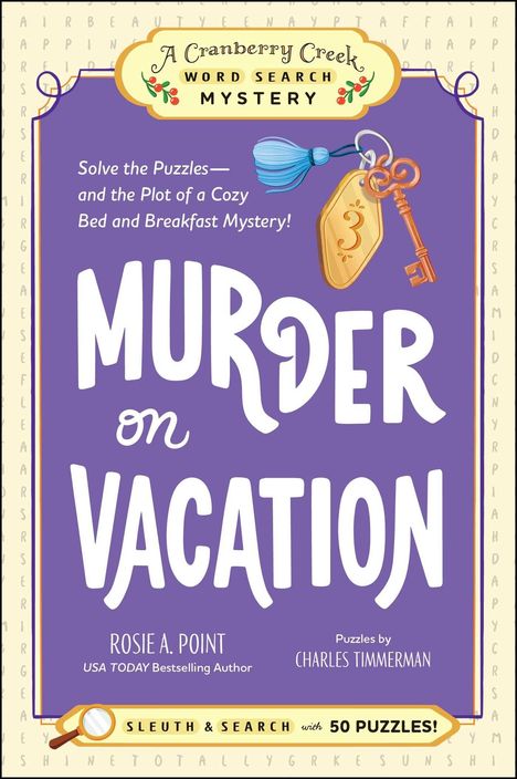Texte: "A Cranberry Creek Word Search Mystery," "Murder on Vacation." Illustration: Lila Hintergrund, Schlüssel, Etikett.