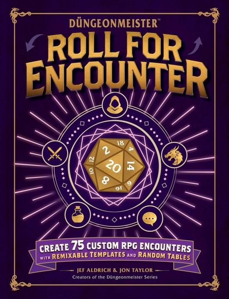 Der Titel lautet "Roll for Encounter". Ein goldener Würfel umgeben von mystischen Symbolen auf lila Hintergrund.