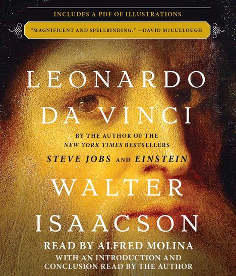 "LEONARDO DA VINCI" von Walter Isaacson, mit Rezension und Hinweis auf Interpret Alfred Molina, zeigt nur einen Ausschnitt.