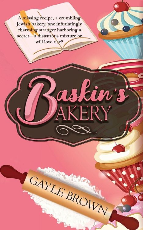 "Baskin's Bakery". Ein Muffin mit Kirsche, ein aufgeschlagenes Buch. Name: Gayle Brown auf einem Nudelholz.