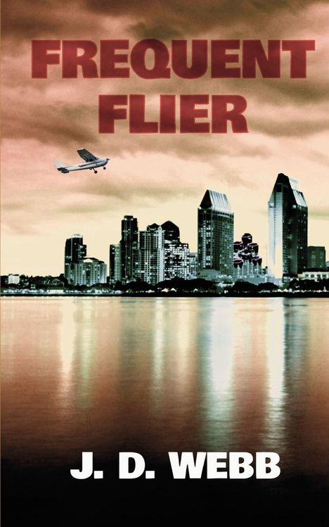 "FREQUENT FLIER" und "J. D. WEBB". Flugzeug über Skyline bei Abenddämmerung, reflektiert im Wasser.