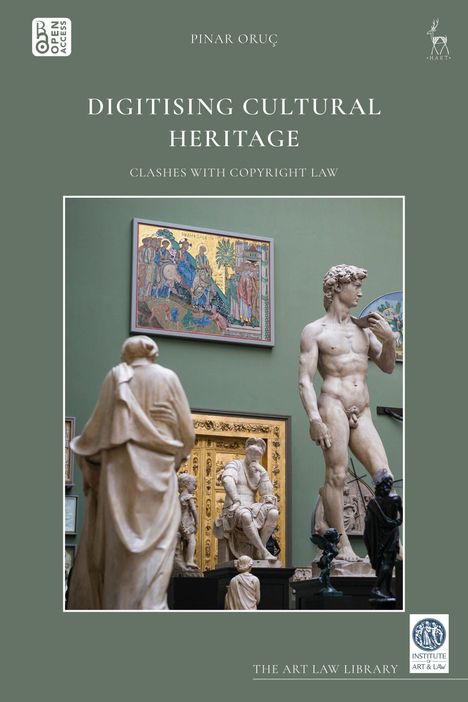 Text: "Digitising Cultural Heritage: Clashes with Copyright Law." Mehrere klassische Skulpturen in einem Ausstellungsraum.