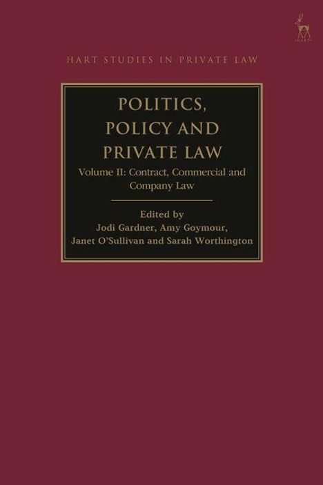 Text: "POLITICS, POLICY AND PRIVATE LAW Volume II: Contract, Commercial and Company Law". Dunkler Hintergrund.