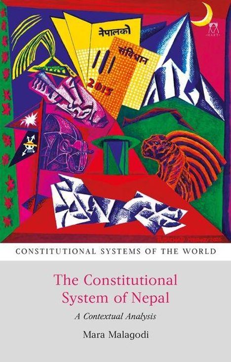 "Constitutional System of Nepal" von Mara Malagodi. Bunte, abstrakte Illustration mit geometrischen Formen und nepalesischen Schriftzeichen.
