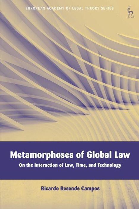 „Metamorphoses of Global Law“ von Ricardo Resende Campos. Abstrakte wellenartige Muster in Gelb und Lila.