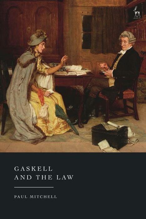 "Gaskell and the Law, Paul Mitchell." Gemälde: Frau und Mann am Tisch in historischer Kleidung, Raum mit Holzmöbeln.