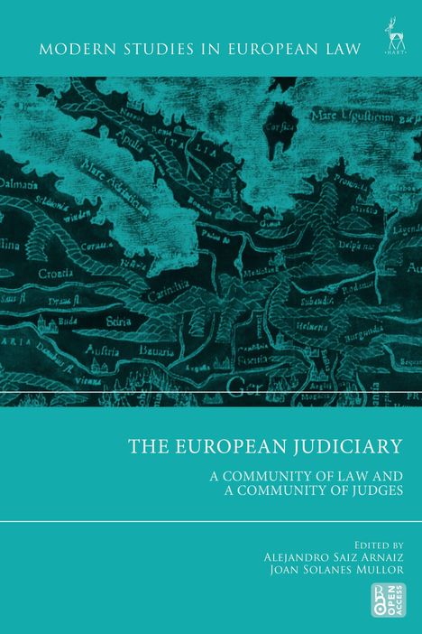 "MODERN STUDIES IN EUROPEAN LAW," "THE EUROPEAN JUDICIARY," darunter altes Kartenmotiv in Blaugrün.