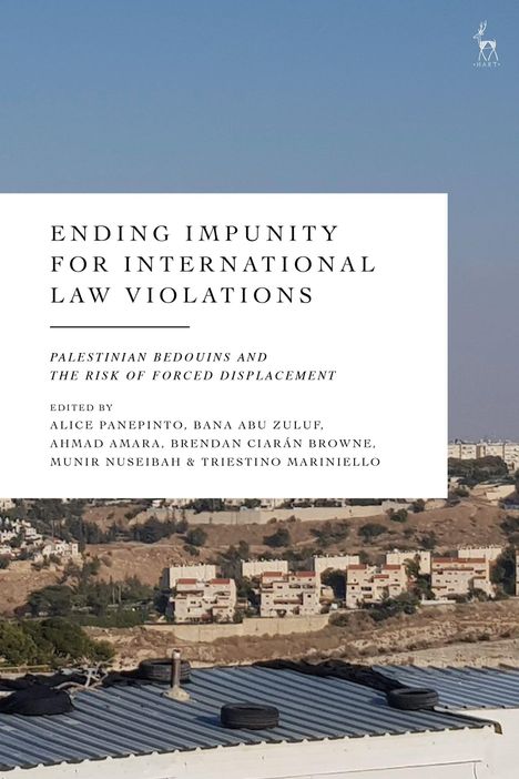 Text: "Ending Impunity for International Law Violations." Darunter Häuser in einer trocken wirkenden Landschaft.