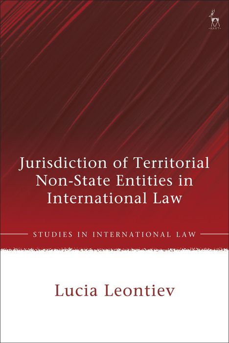 Oben: Jurisdiction of Territorial Non-State Entities in International Law. Unten: Lucia Leontiev. Roter, strukturierter Hintergrund.