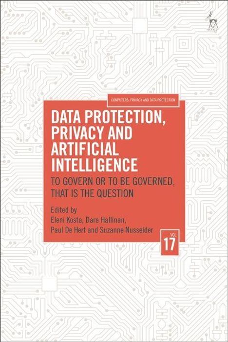 „DATA PROTECTION, PRIVACY AND ARTIFICIAL INTELLIGENCE“ steht in weiß auf rotem Hintergrund. Hintergrund wie Platine.