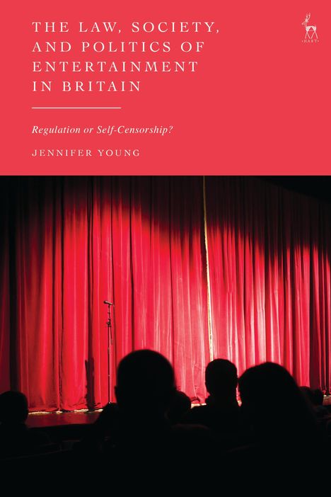 Roter Vorhang, Mikrofon; Text: "The Law, Society, and Politics of Entertainment in Britain" von Jennifer Young.