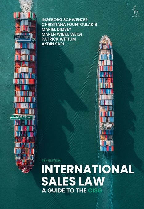 „International Sales Law: A Guide to the CISG“, zwei bunte Frachtschiffe auf grünem Wasser von oben.