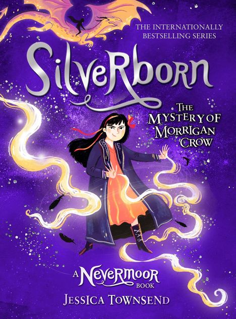 "Silverborn: The Mystery of Morrigan Crow" von Jessica Townsend. Illustration einer jungen Frau mit magischen Strömen.
