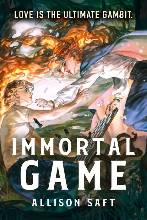 Texte: **Love is the ultimate gambit.** und **Immortal Game. Allison Saft.** 

Illustration: Zwei Personen mit schachbrettartigen Elementen.