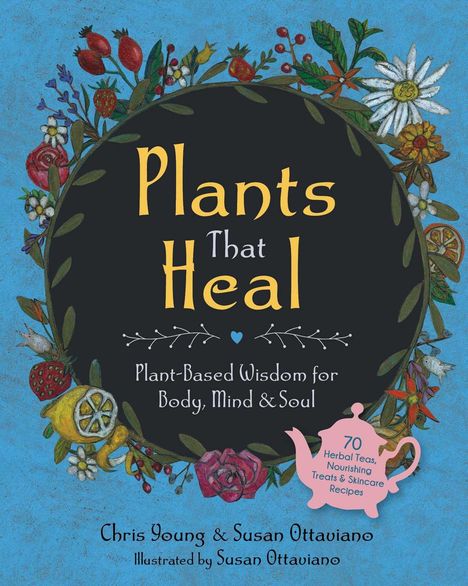 "Plants That Heal: Plant-Based Wisdom for Body, Mind & Soul." Illustration mit Pflanzen um schwarzen Kreis.