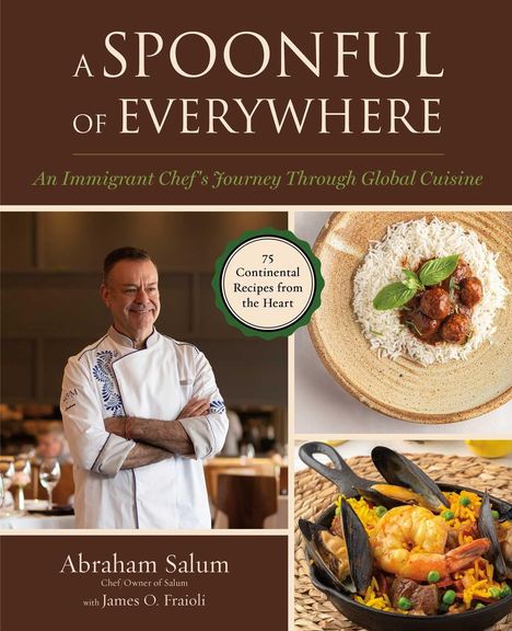 "A Spoonful of Everywhere" – Eine Reise eines Chefkochs durch globale Küche. Porträt eines Kochs und Gerichte aus Reis und Meeresfrüchten.