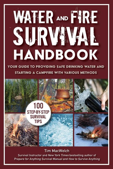 Cover des "Water and Fire Survival Handbook" mit Bildern von Feuer, Wasser, Natur und Survival-Techniken.