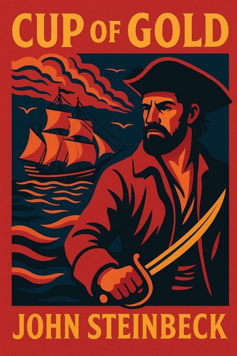 "CUP OF GOLD", "JOHN STEINBECK". Illustration: Ein Pirat mit Schwert, Segelschiff und Wolken im Hintergrund.