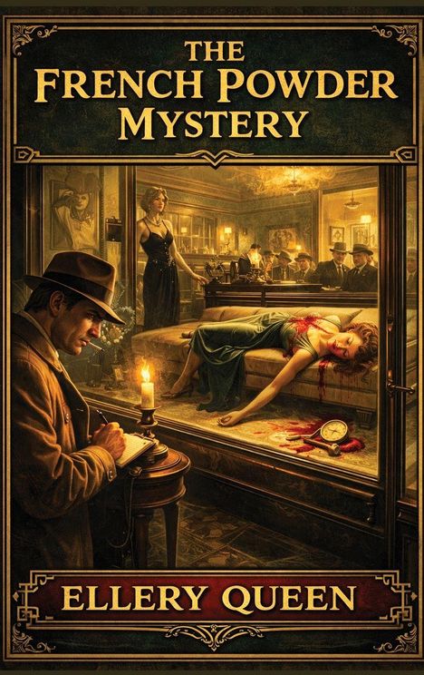 "The French Powder Mystery" und "Ellery Queen" in einem detaillierten, dramatischen Illustration mit Detektiv-Szene.