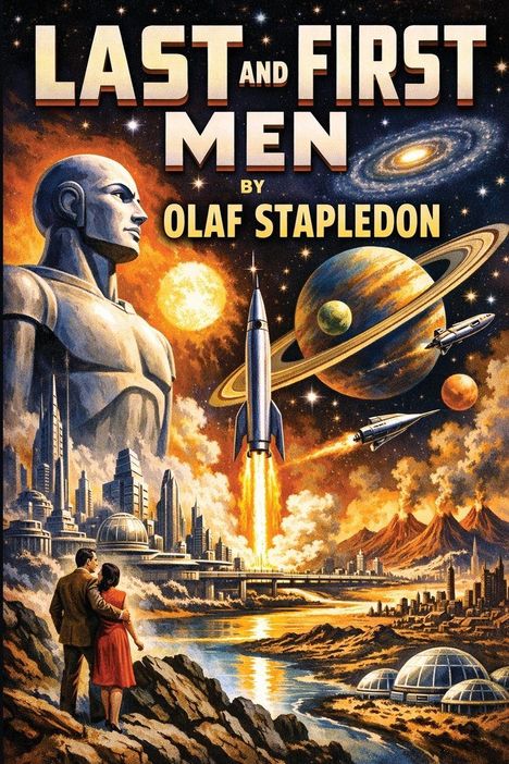 "Last and First Men by Olaf Stapledon." Futuristische Stadt, riesige Statue, fliegende Raketen, Planeten im Hintergrund.