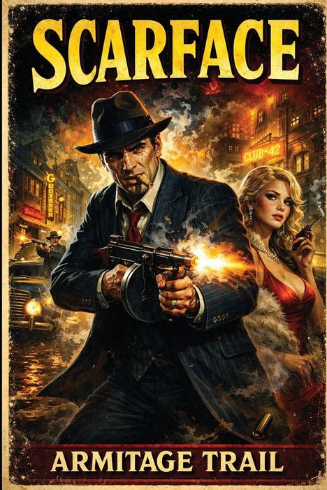 „SCARFACE, ARMITAGE TRAIL“: Illustration eines Mannes mit Waffe, Frau im roten Kleid, nächtliche Straßenszene.
