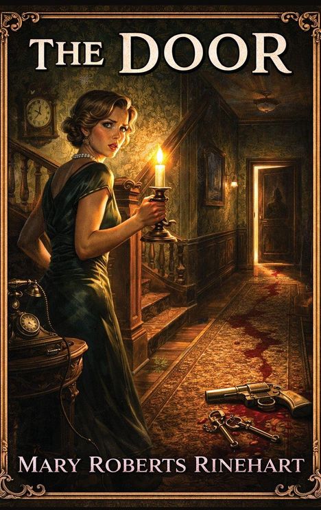 „The Door“ oben, „Mary Roberts Rinehart“ unten. Eine Frau mit Kerze in einem alten, düsteren Flur mit Blutspur und Pistole.