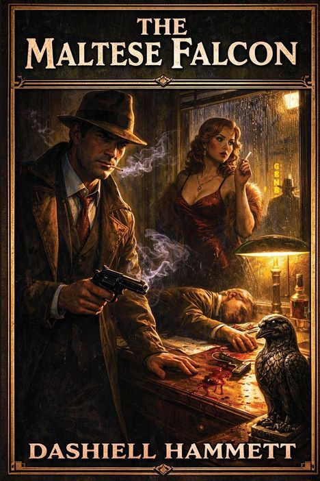 "The Maltese Falcon" von Dashiell Hammett. Ein Rauchender Mann mit Pistole, eine Frau mit Zigarette und ein Falke auf dem Tisch.