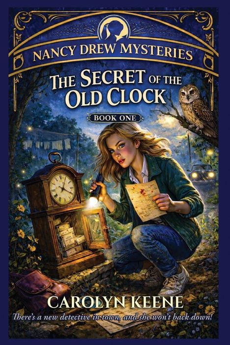 Titel: The Secret of the Old Clock, Book One. Illustration einer jungen Frau mit Taschenlampe vor einer alten Standuhr.