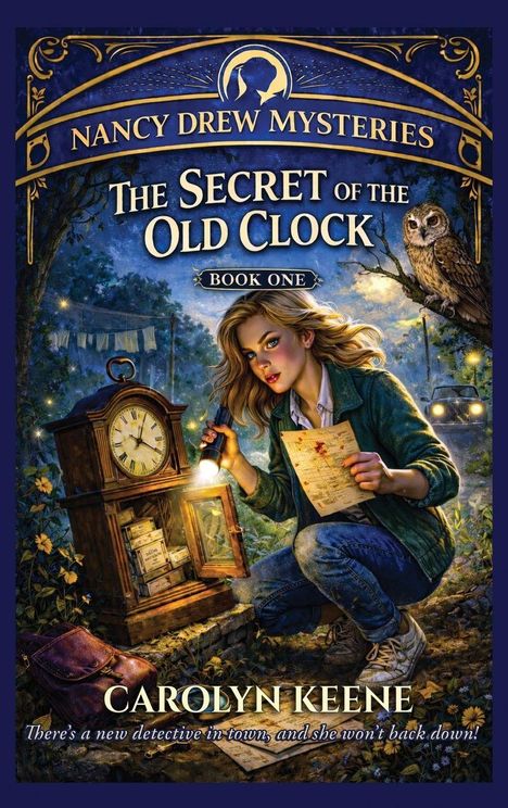 "Nancy Drew Mysteries", "The Secret of the Old Clock", "Book One", "Carolyn Keene". Frau mit Taschenlampe bei alter Uhr.