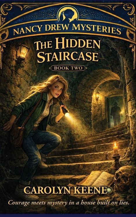 „The Hidden Staircase, Book Two, Nancy Drew Mysteries.“ Eine junge Frau mit Taschenlampe in einem steinigen Tunnel.