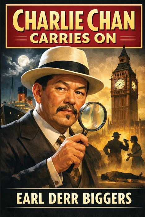 "CHARLIE CHAN CARRIES ON" und "EARL DERR BIGGERS" stehen prominent. Detektiv in Anzug mit Lupe, Big Ben im Hintergrund.