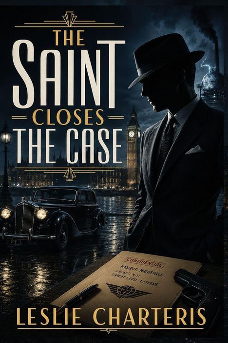 Ein Mann im Anzug und Hut steht neben einem Auto vor Big Ben. Text: "The Saint Closes The Case" und "Leslie Charteris".