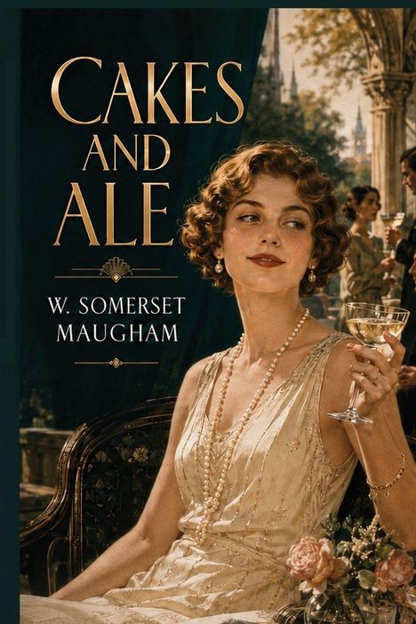 „CAKES AND ALE, W. SOMERSET MAUGHAM.“ Eine elegante Frau in einem Kleid mit Perlenschmuck hält ein Glas Sekt.