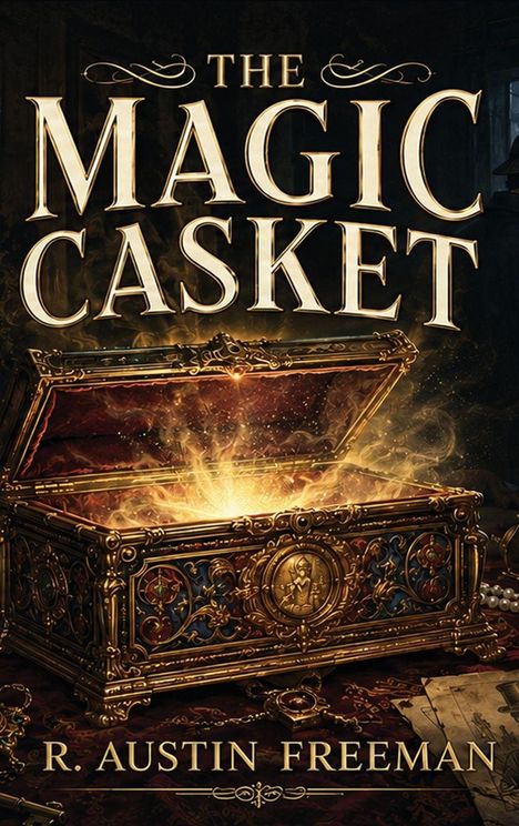 "The Magic Casket" und "R. Austin Freeman". Eine geöffnete, reich verzierte Truhe strahlt goldenes Licht aus.