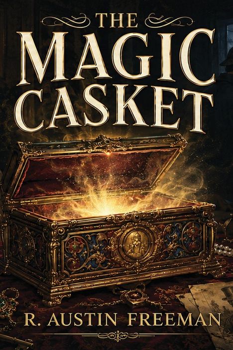 „The Magic Casket“; „R. Austin Freeman“. Eine Schatztruhe mit strahlendem Licht, verziert mit Gold und Edelsteinen.