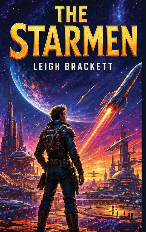 "The Starmen" von Leigh Brackett. Eine futuristische Stadt mit einem Mann im Vordergrund und einem startenden Raumschiff.