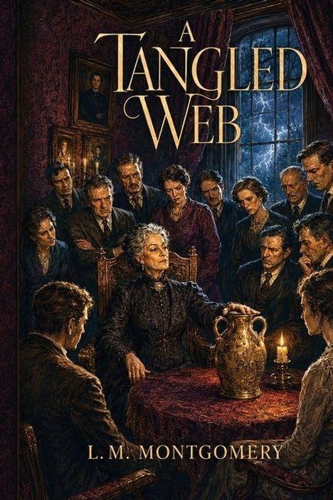 Titel: "A Tangled Web", L.M. Montgomery. Eine ältere Frau im Mittelpunkt, umgeben von ernst blickenden Personen in einem düsteren Raum.