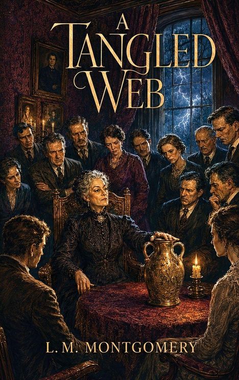 „A Tangled Web“, L.M. Montgomery. Illustration: Eine ältere Frau am Tisch mit einer Vase, umgeben von Personen und Kerzenlicht.