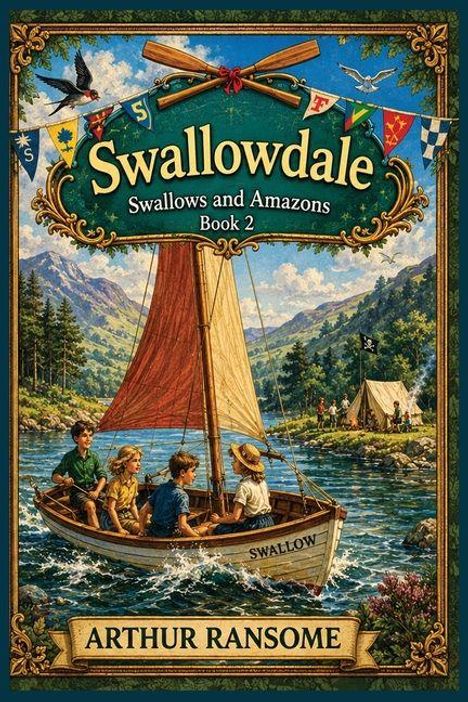 „Swallowdale, Swallows and Amazons Book 2, Arthur Ransome“. Illustration von Kindern in einem Segelboot auf einem See.