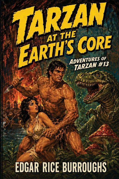 Text: "TARZAN AT THE EARTH'S CORE", "ADVENTURES OF TARZAN #13", "EDGAR RICE BURROUGHS". Illustration: Tarzan mit Frau und Dinosaurier.