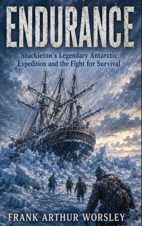 Text: „ENDURANCE“, „Shackleton's Legendary Antarctic Expedition and the Fight for Survival“, „FRANK ARTHUR WORSLEY“. Illustration eines Schiffs im Eis mit Männern im Vordergrund.