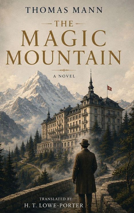 Thomas Mann, The Magic Mountain, A Novel, Translated by H. T. Lowe-Porter. Illustration: Mann vor Haus, Berge im Hintergrund.
