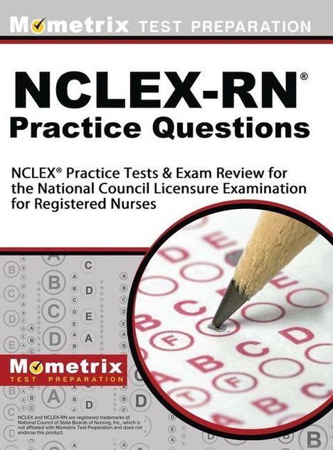 Text: "NCLEX-RN Practice Questions", "Mometrix Test Preparation". Ein Bleistift markiert eine Multiple-Choice-Antwort.
