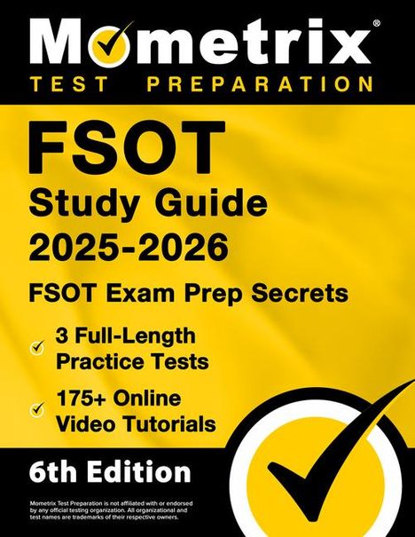 Text: "Mometrix Test Preparation", "FSOT Study Guide 2025-2026", "FSOT Exam Prep Secrets", "6th Edition". Gelber Hintergrund.