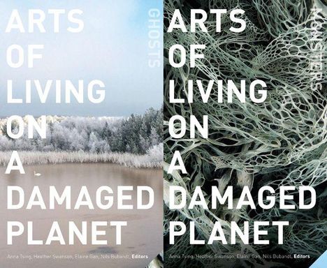 Titel: "Arts of Living on a Damaged Planet". Links ein nebliger Wald, rechts ein Netzwerk aus organischen Strukturen.