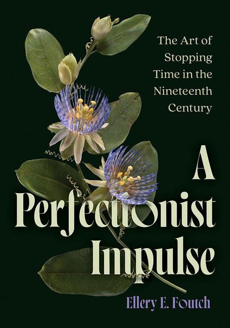 Text: "The Art of Stopping Time in the Nineteenth Century. A Perfectionist Impulse. Ellery E. Foutch." 

Abgebildet ist eine stilisierte Pflanze mit Blättern und Blüten.